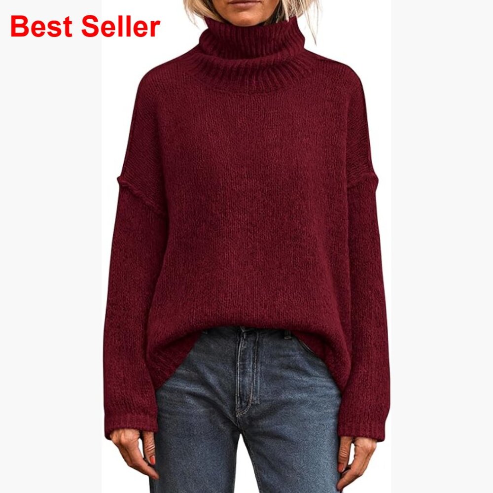 Turtleneck Pullover Sweater, Loose Fit, Polyester Acrylic Knit, Long Sleeve